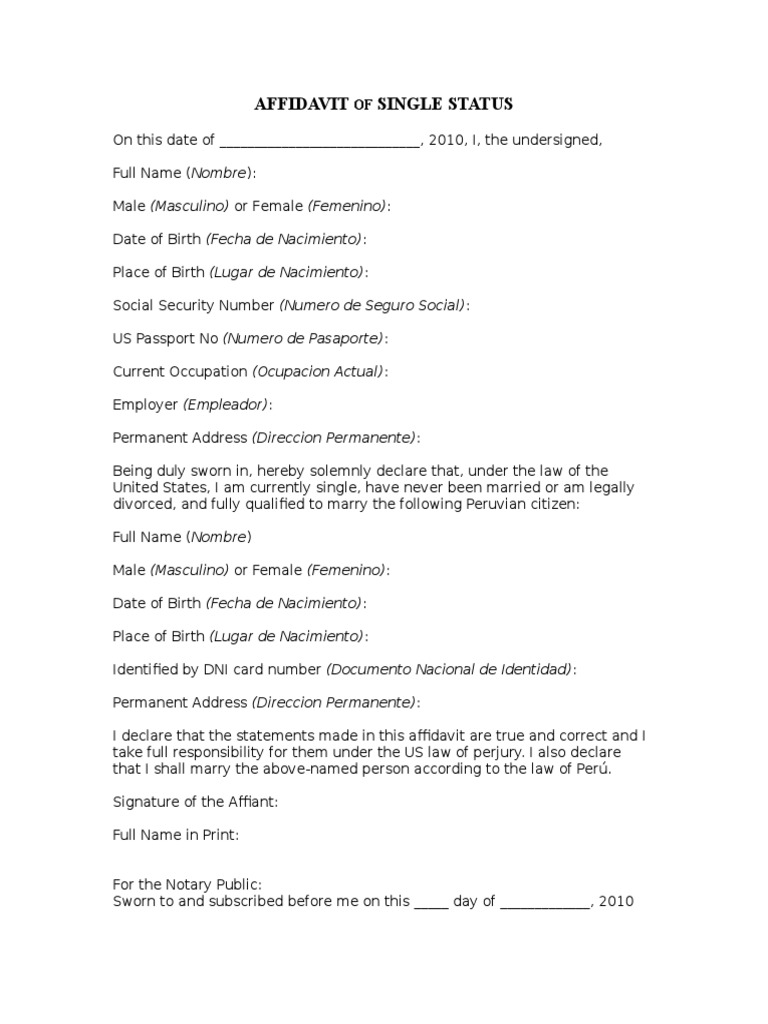 Affidavit Single Status PDF Affidavit Document