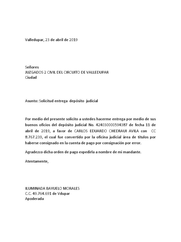 Oficio Solicitud de Deposito Judicial Ante Un Juzgado PDF