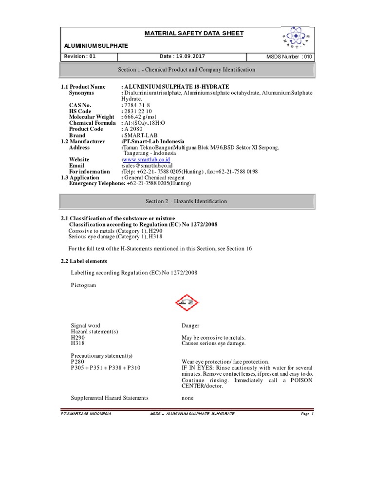 Msds Aluminium Sulphate 18Hydrate PDF Toxicity Personal