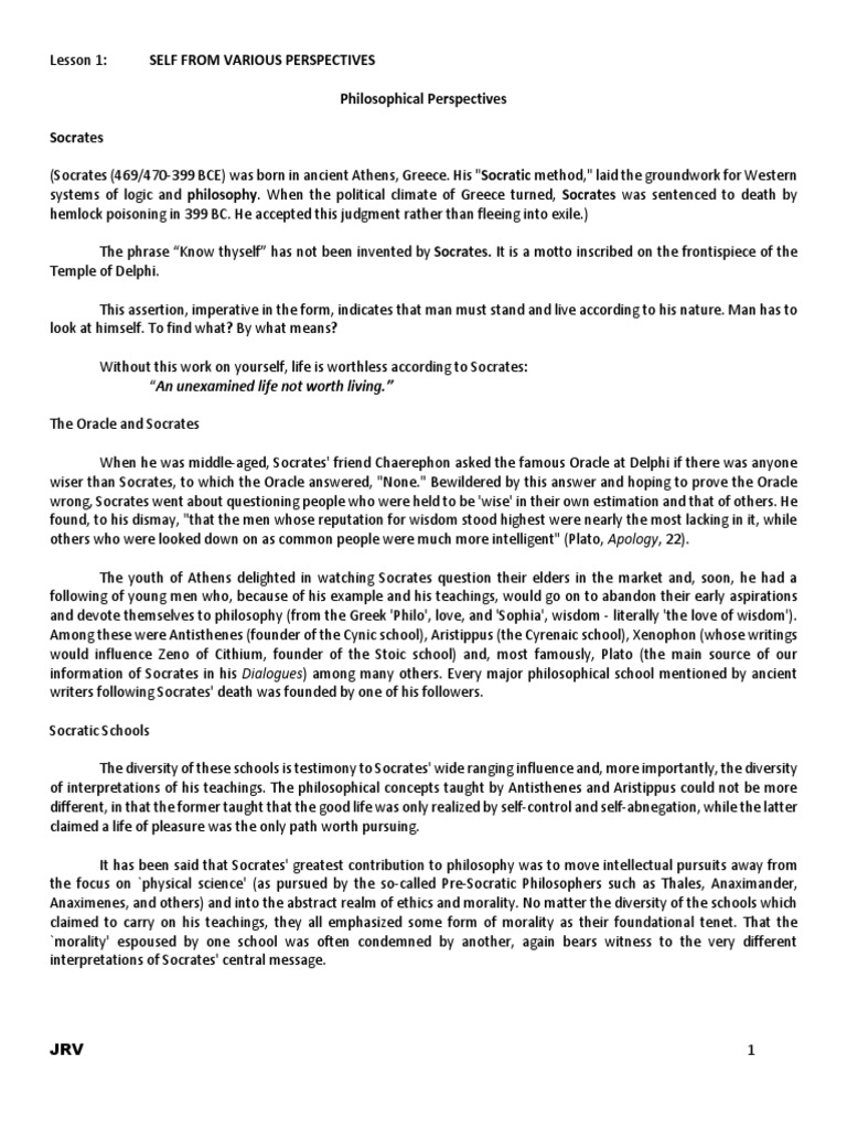 Lesson 1 Self From Various Perspectives | PDF | Socrates | Plato