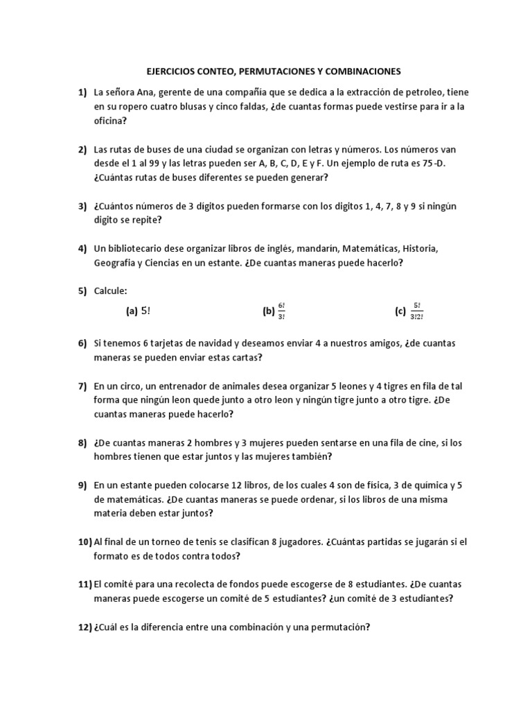 Ejercicios de Permutaciones y Combinaciones | PDF