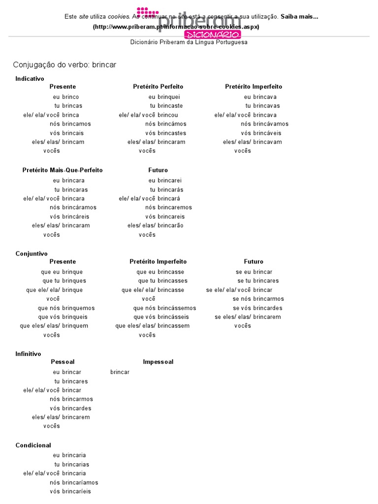 Conjugação Do Verbo Brincar No Dicionário Priberam PDF | PDF ...