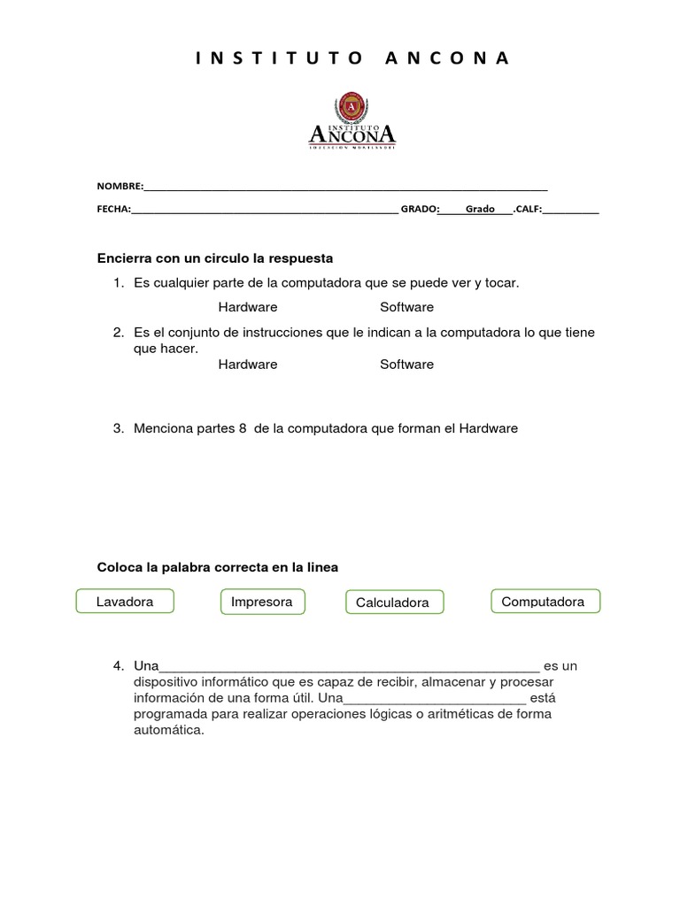 Examen de Hardware y Software para Niños | PDF | Hardware de la ...