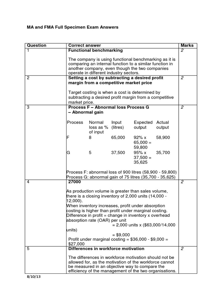 MA and FMA Specimen Exam Answers | PDF | Revenue | Internal Rate Of Return