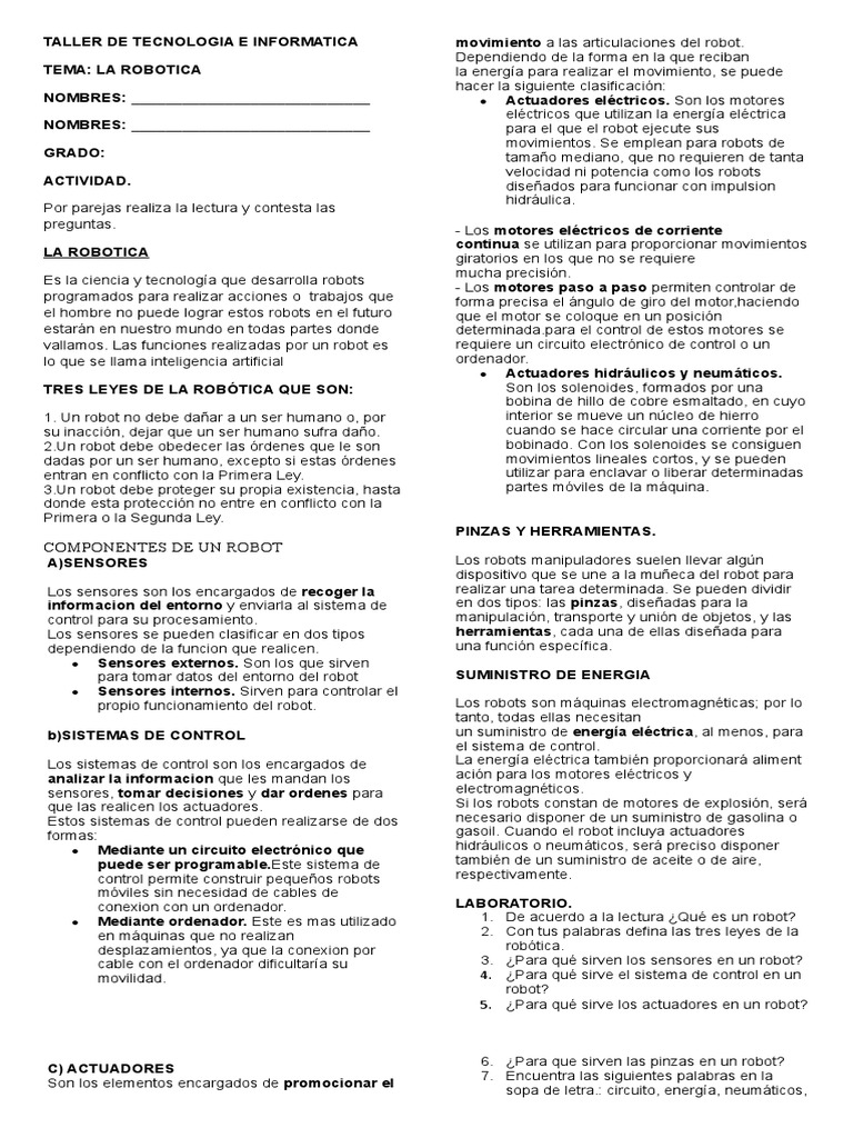 Taller de Tecnologia e Informatica La Robotica | PDF | Robot | Robótica