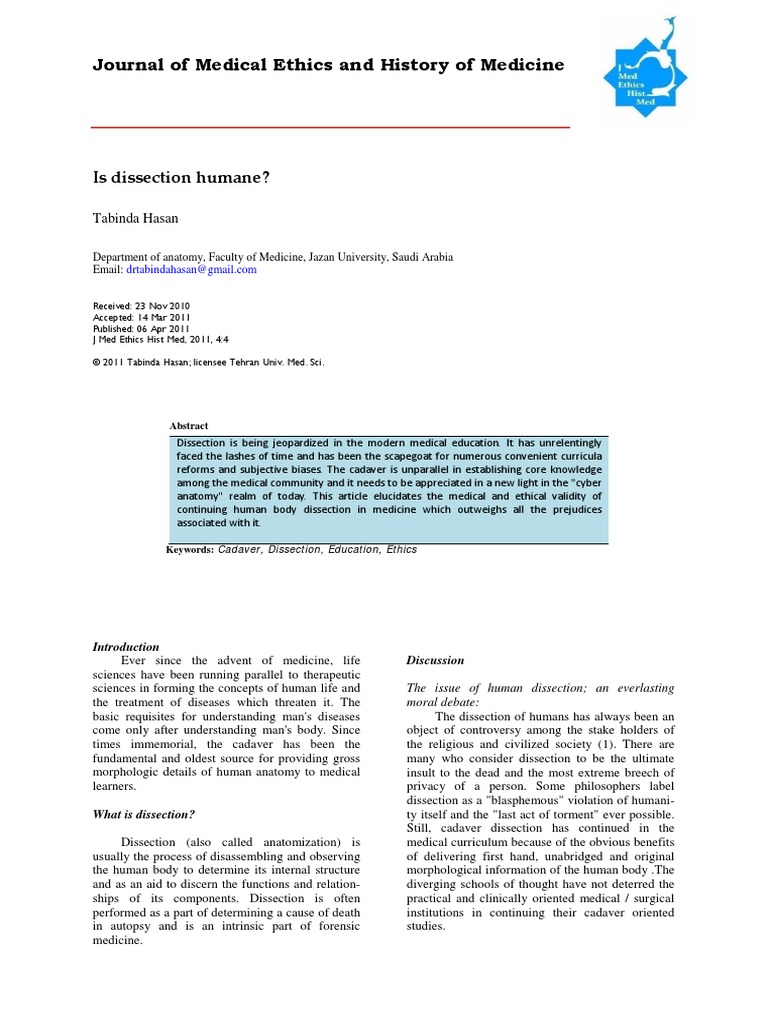 Journal of Medical Ethics and History of Medicine: Is Dissection Humane ...