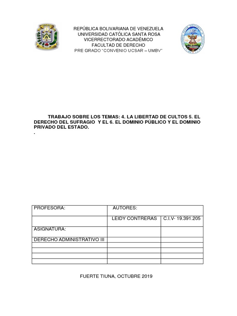 Trabajo Sobre Los Temas 4 La Libertad De Cultos 5 El Derecho Del Sufragio Y El 6 El Dominio Publico Y El Dominio Privado Del Estado Aguas Territoriales Ciudad Del Vaticano scribd