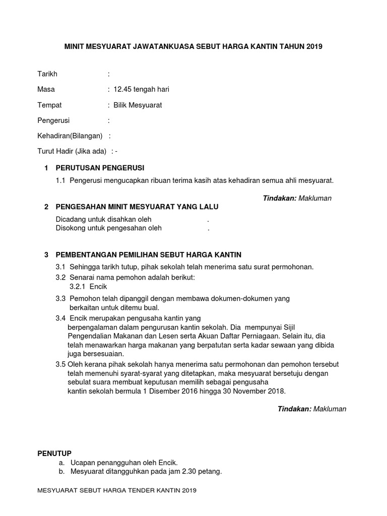 Contoh Format Minit Mesyuarat Sebut Harga Kantin Pdf