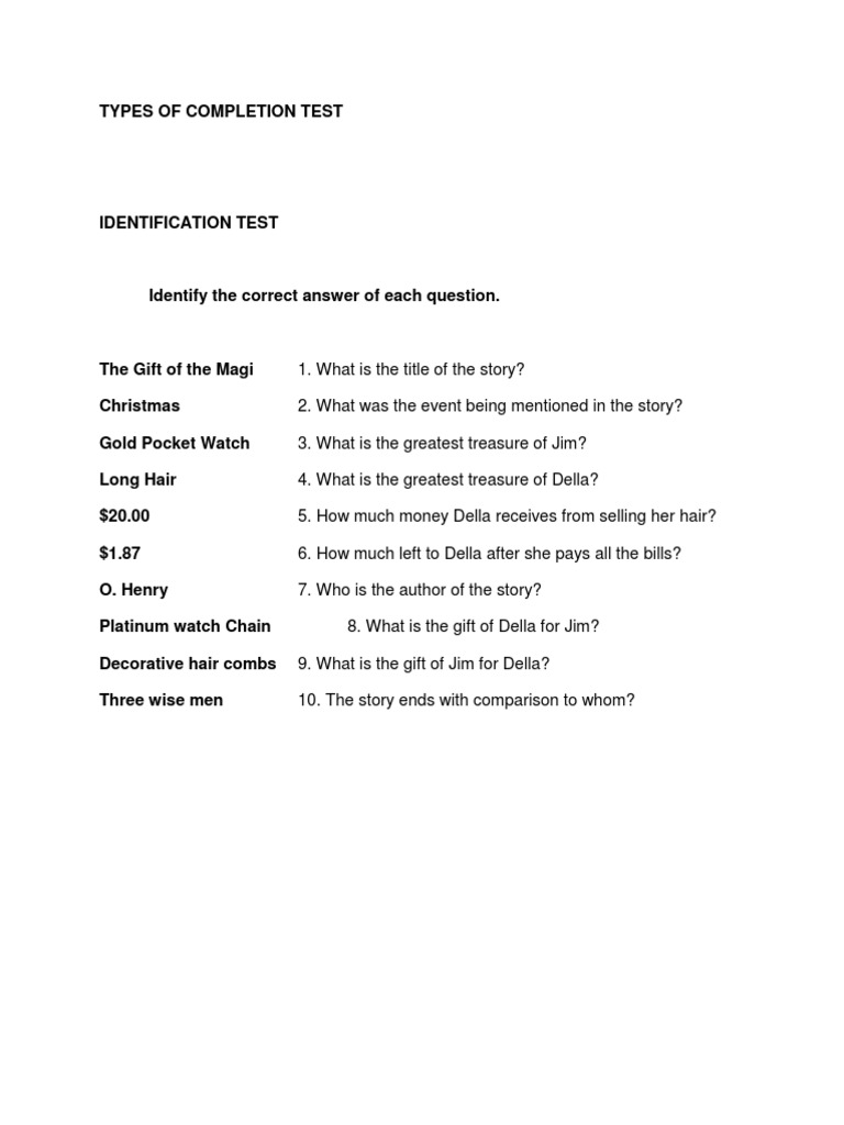 Literature Quiz: The Gift of the Magi | PDF