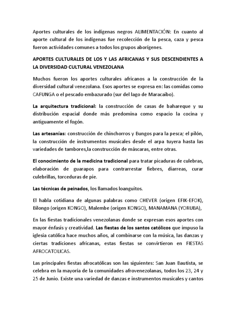Aportes Culturales Africanos en Venezuela | PDF