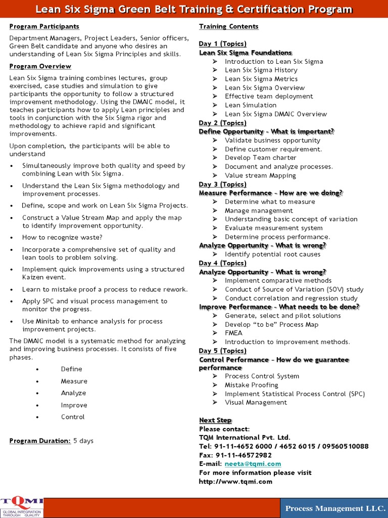 Lean Six Sigma Green Belt Info Sheet | PDF | Six Sigma | Lean Manufacturing