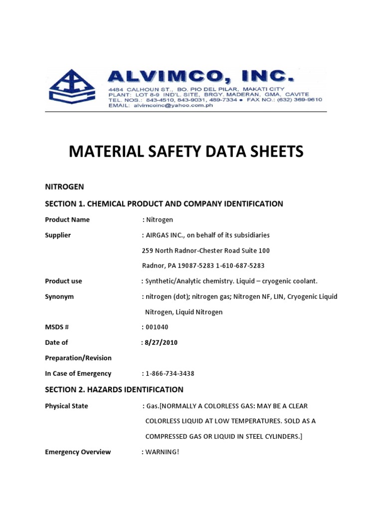 Material Safety Data Sheet PDF Cryogenics Safety