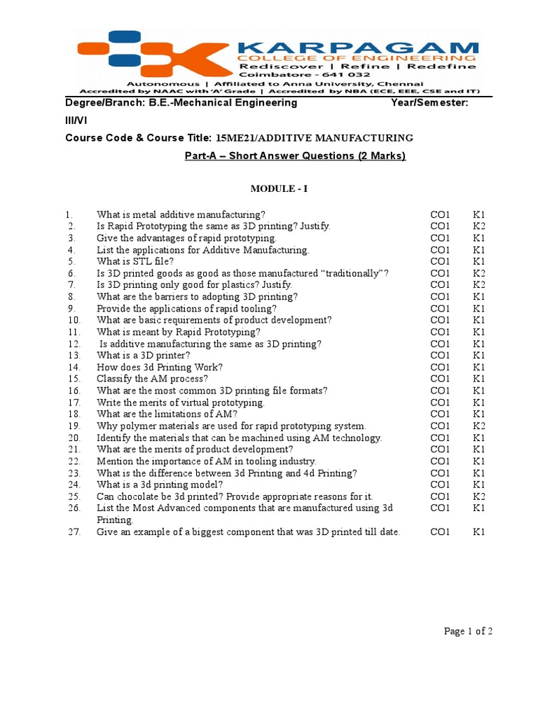 Additive Manufacturing Question Bank - Part A | PDF | 3 D Printing | Design