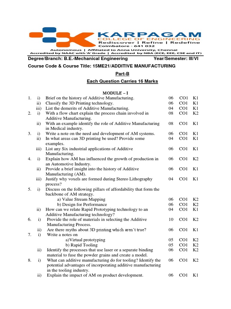 Additive Manufacturing Exam Questions | PDF | 3 D Printing | Industries