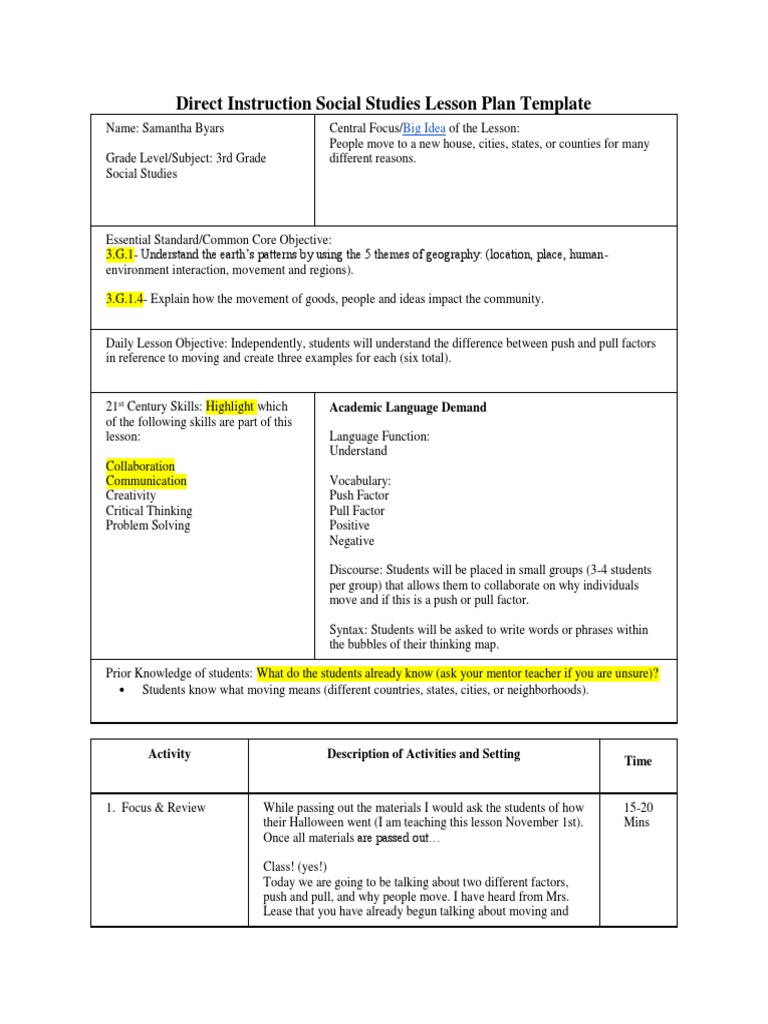 Direct Instruction Social Studies Lesson Plan Template | PDF | Lesson ...