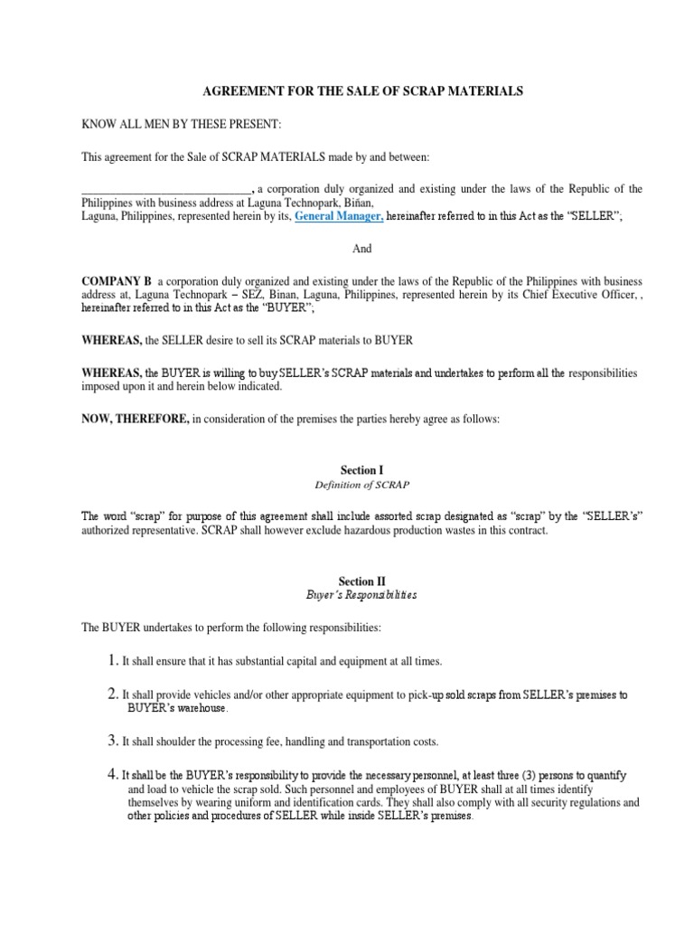 Agreement For The Sale of Scrap PDF Scrap Payments