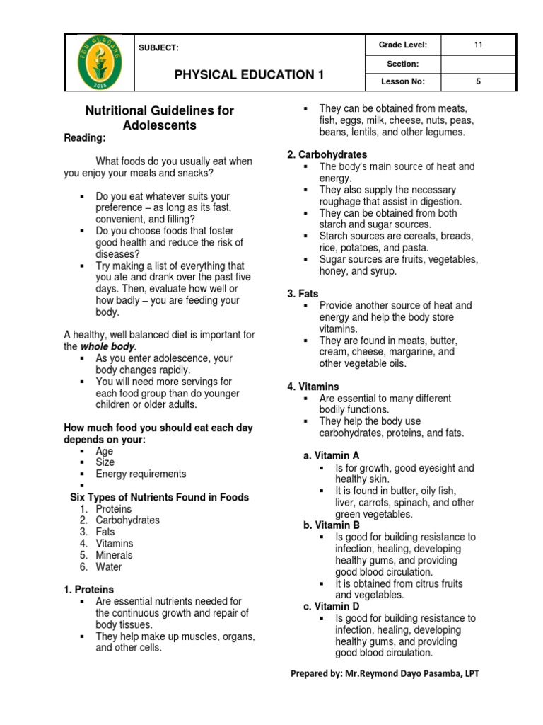 LESSON 5 Nutritional Guidelines For Adolescents PDF Human Body Vegetables