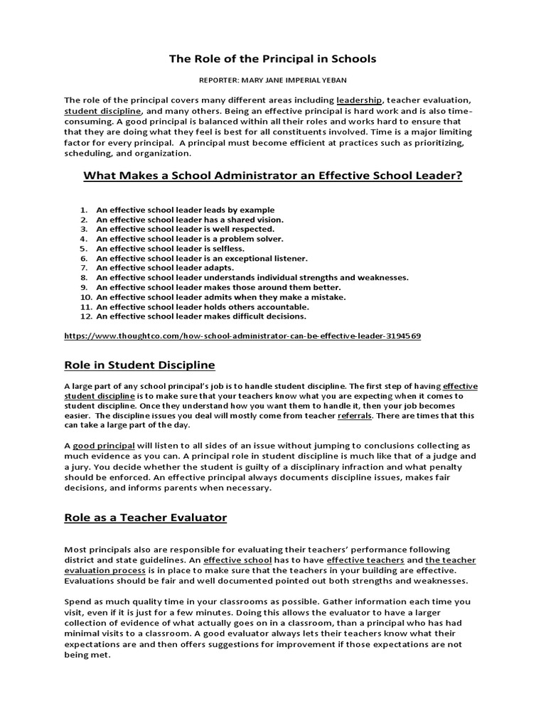 The Role of The Principal in Schools | PDF | Teachers | Leadership