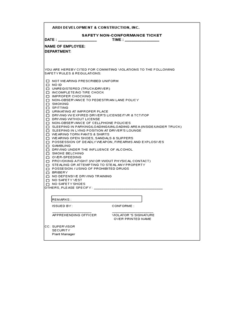 Safety Violation Ticket Template | PDF