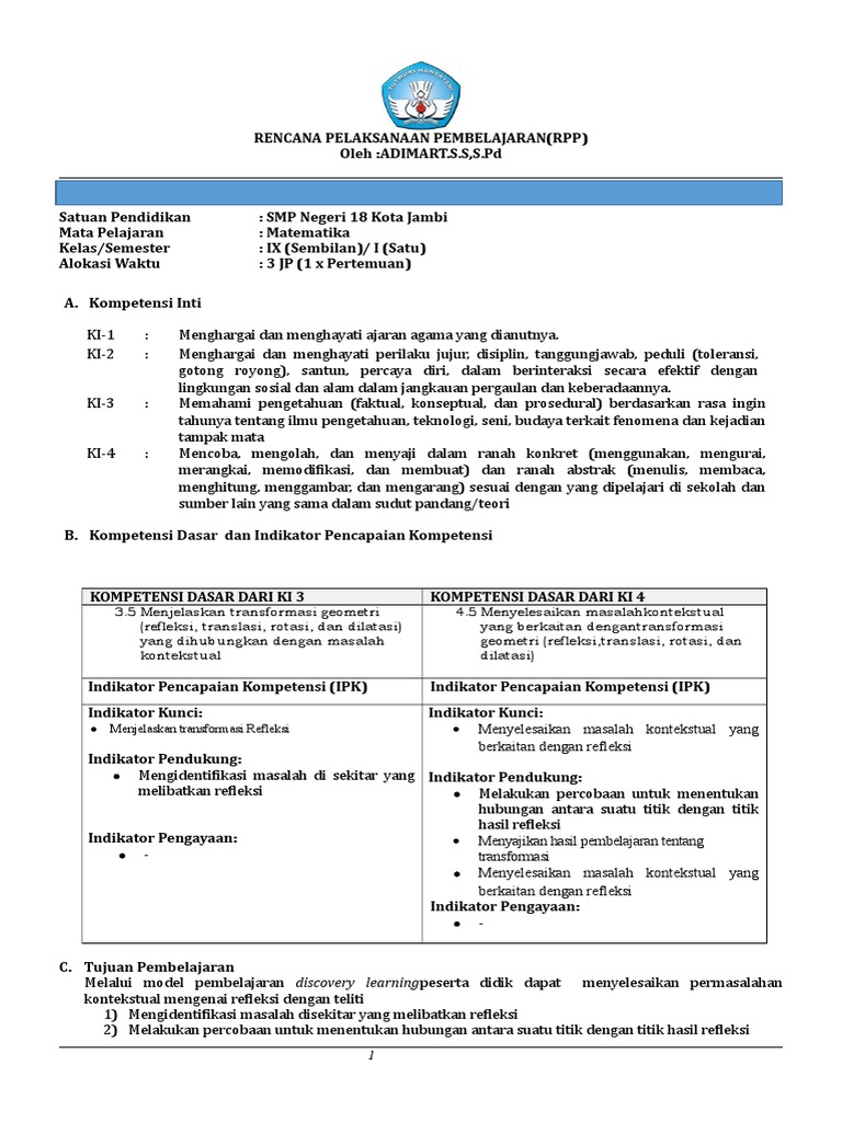 Rpp Refleksi Kelas Ix