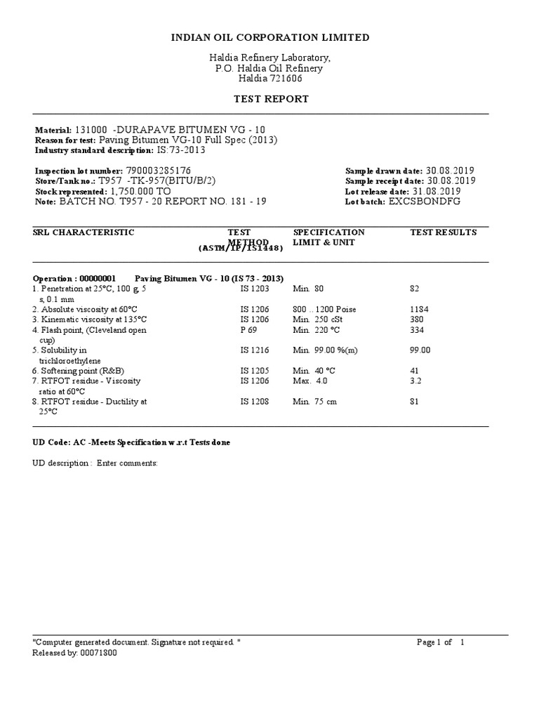 VG-10 Bitumen Test Report Summary | PDF | Asphalt | Viscosity