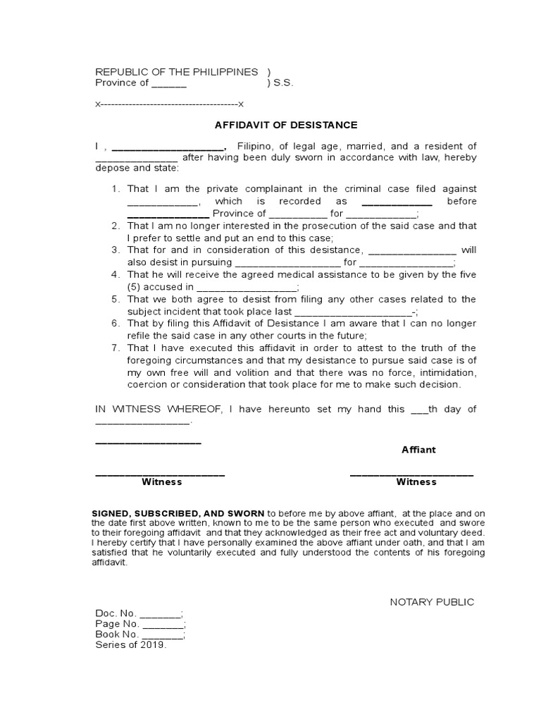 Sample Affidavit of Desistance | PDF | Affidavit | Criminal Law