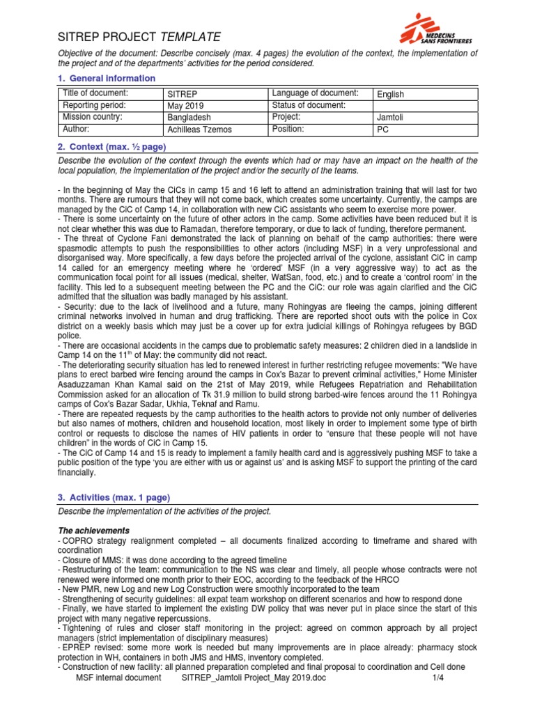 Sitrep Project Template: 1. General Information | PDF | Refugee