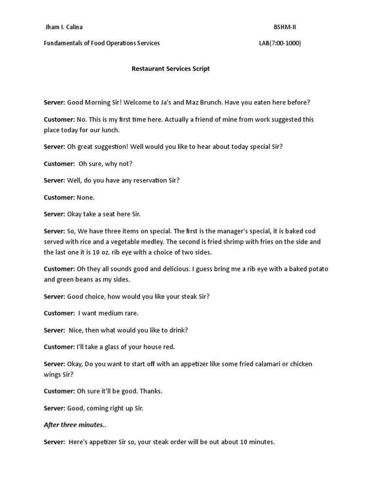Restaurant Service Interaction Script | PDF