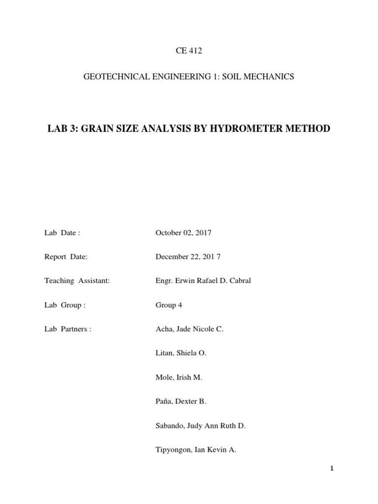 Lab 3 Grain Size Analysis by Hydrometer Method PDF Soil Experiment