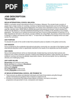 Job Description Teacher: No.1 Jalan Diplomatik 3/6 Presint 15, 62050 Putrajaya, Malaysia Enquiry@nexus - Edu.my