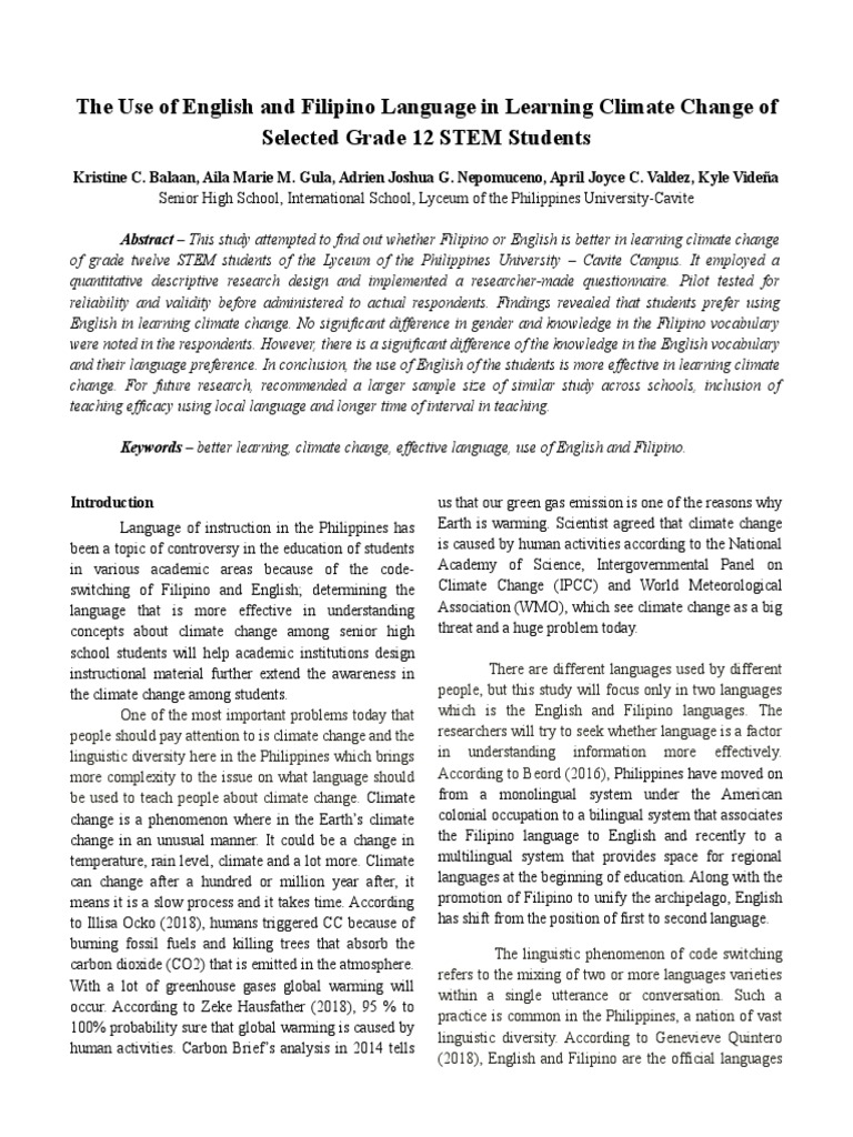 The Use Of English And Filipino Language In Learning Climate Change Of Selected Grade 12 Stem Students Imrad P Value Vocabulary