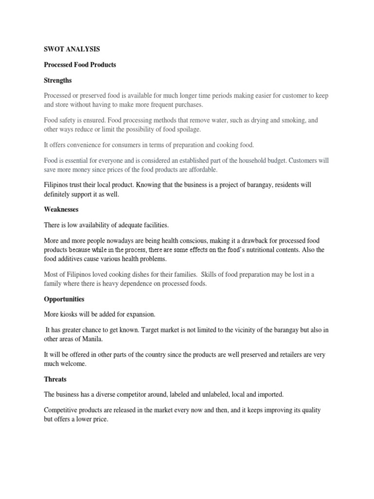 Swot Analysis Processed Food Products Strengths PDF Food Processing