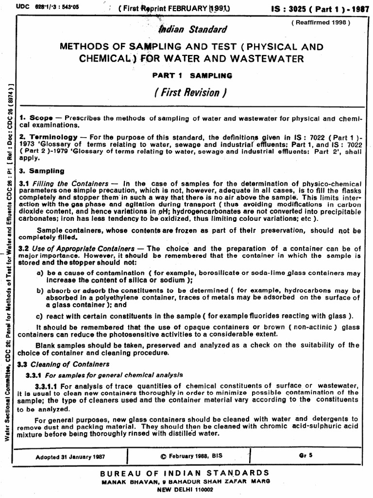 IS 3025 Part 1: Water Sampling Methods | PDF | Sewage Treatment | Water