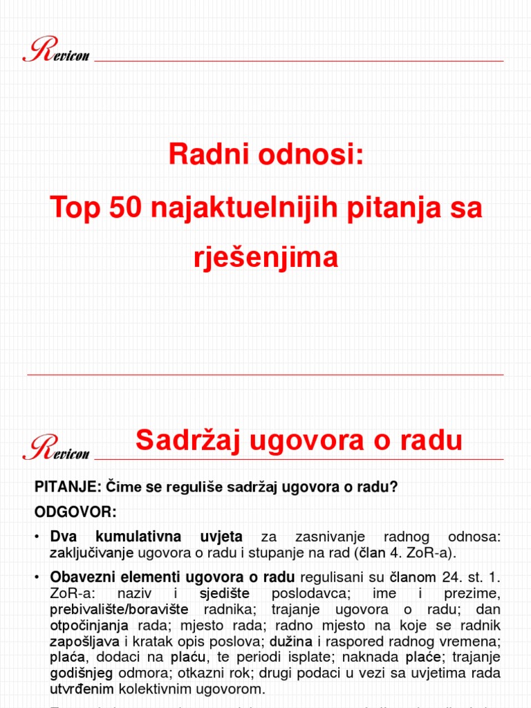 Radni Odnosi Top50 Pitanja Septembar
