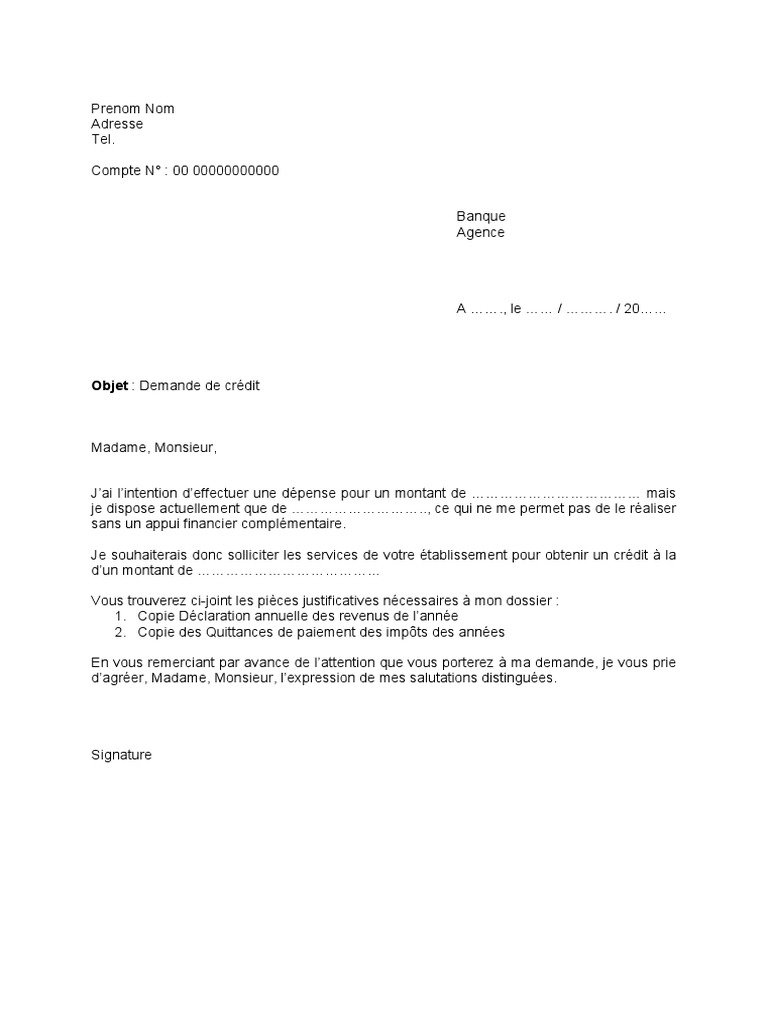 Lettre Demande Credit Modele PDF