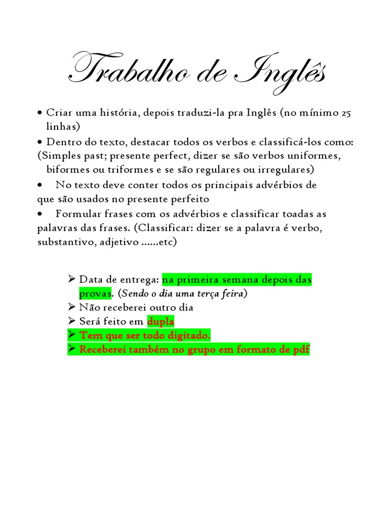 Trabalho de Inglês.9 Ano | PDF | Artes Linguísticas e Disciplina