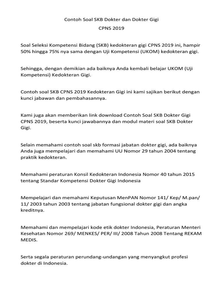 Contoh Soal SKB Dokter Dan Dokter Gigi CPNS 2019 PDF