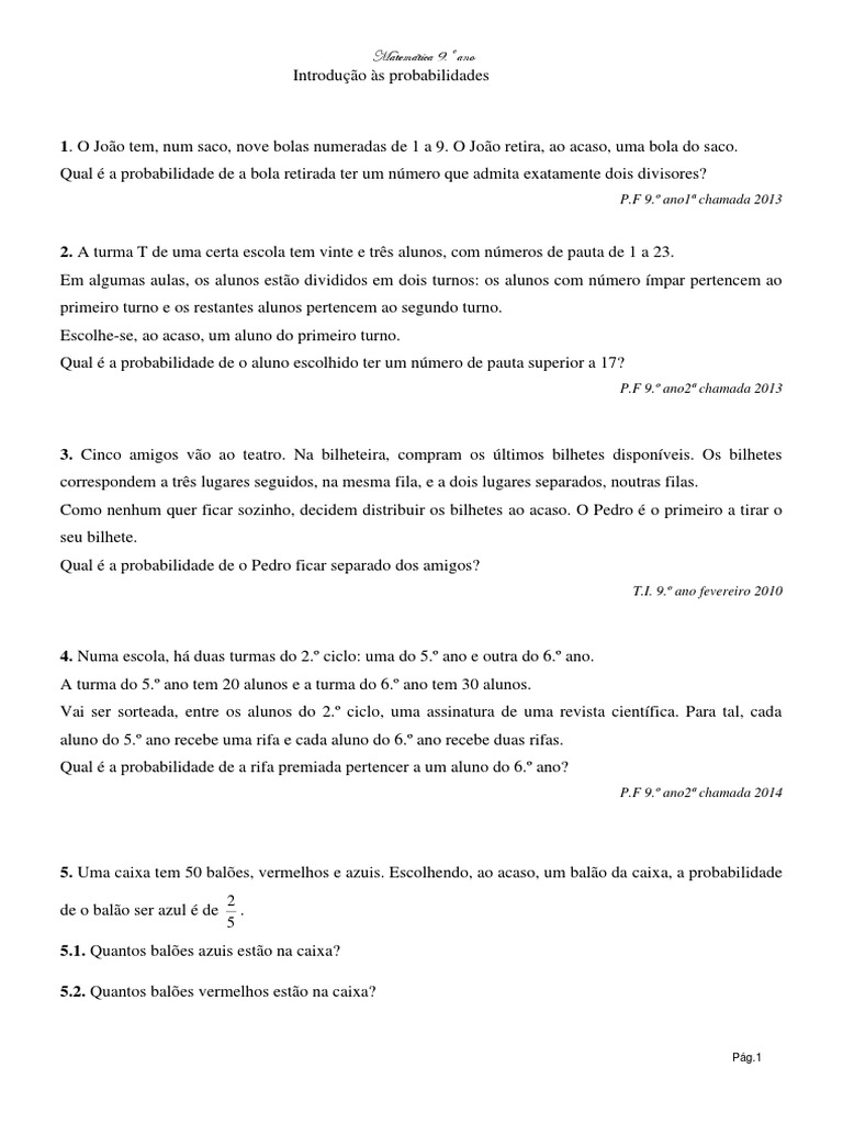 Atividades de Probabilidade 9.º Ano | PDF | Probabilidade | Lazer