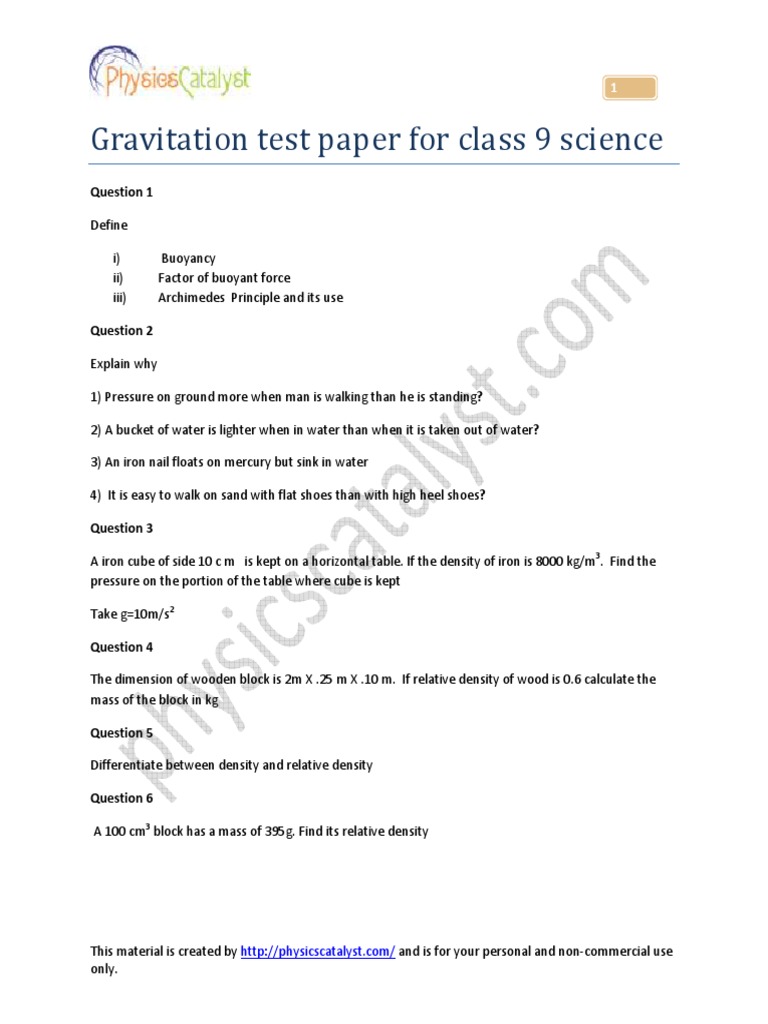 Gravitation Class 9 Test Paper PDF