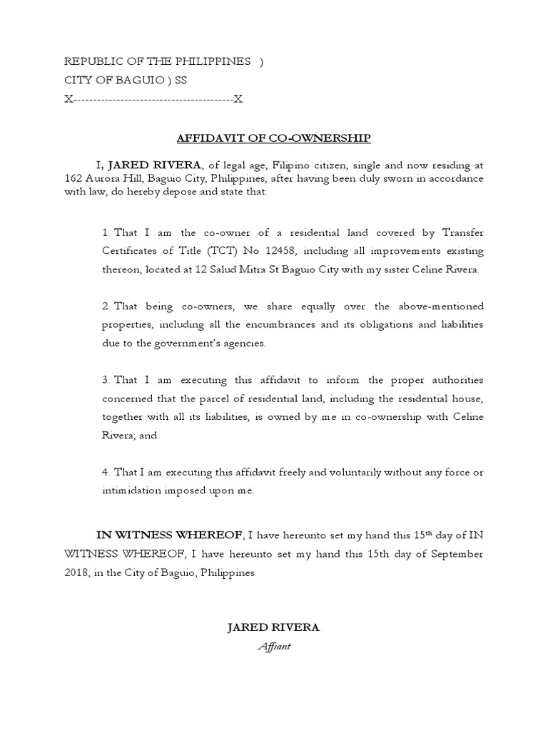 Legal Forms: Affidavit of Co-Ownership | PDF