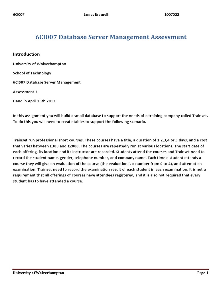 6CI007 Database Server Management Assessment 1 | PDF | Software Design ...