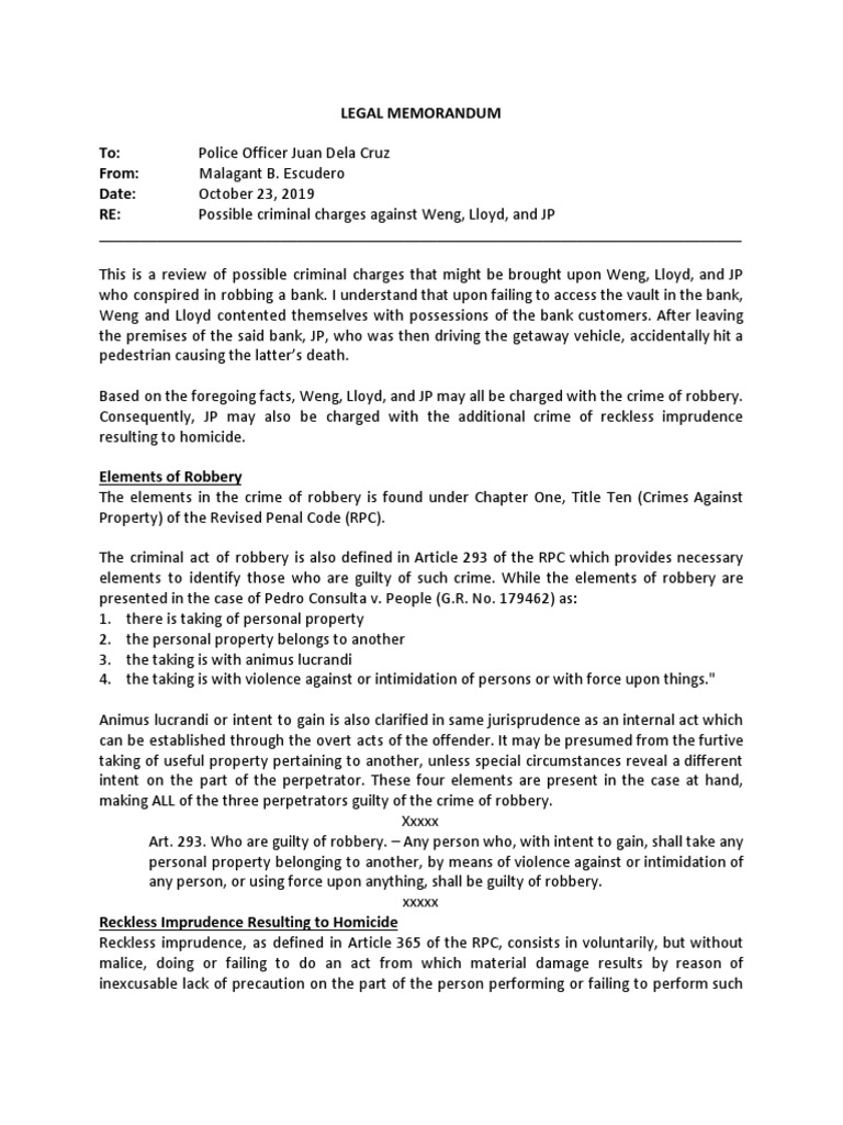 Possible Charges of Robbery and Reckless Imprudence Resulting to