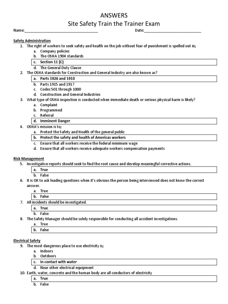 OSHA Trainer Exam Questions and Answers PDF Occupational Safety And