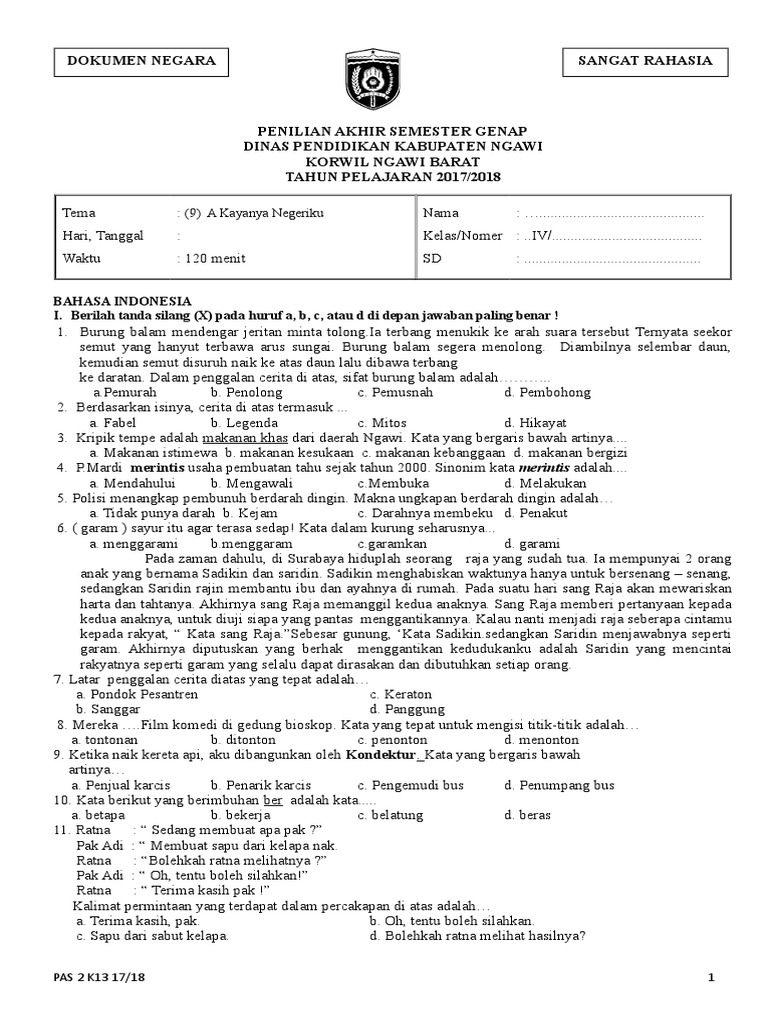 Soal Pas K13 Tema 9 A Kls 4 Doc