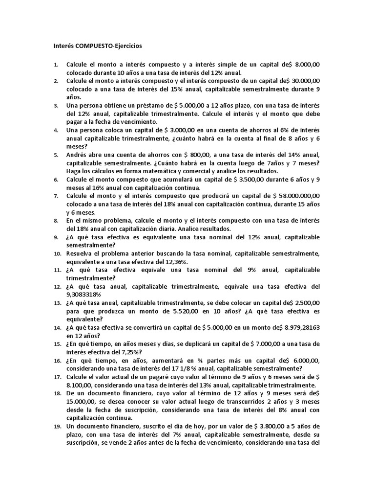 Ejercicios de Interés Compuesto y Simple | PDF | Interés | Tasas de interés