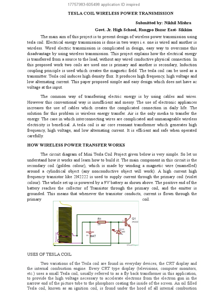 Tesla Coil Wireless Power Transmission Circuit Diagram