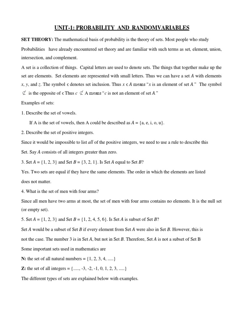 Unit-1: Probability and Randomvariables: Set Theory | PDF | Set ...