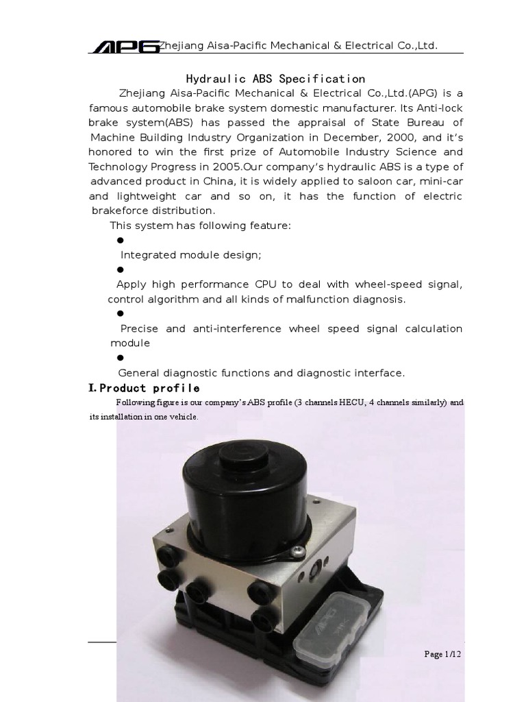 Hydraulic ABS Specification: I. Product Profile | PDF | Anti Lock ...
