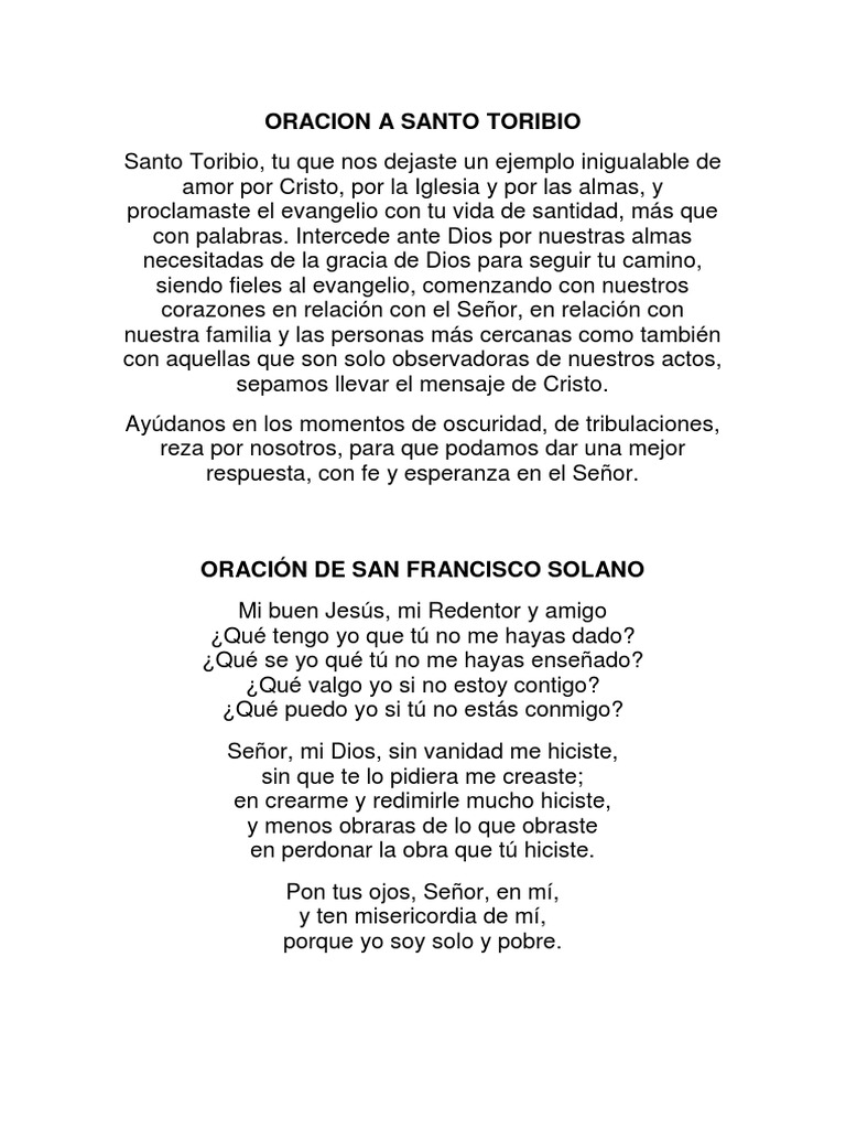 Oracion A Santo Toribio | PDF | Relaciones personales, crianza y desarrollo  personal | Estilo de vida