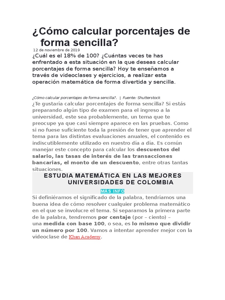 Haz un experimento profesional etiqueta Cómo Calcular Porcentajes de Forma Sencilla | PDF | Porcentaje | Fracción  (Matemáticas)